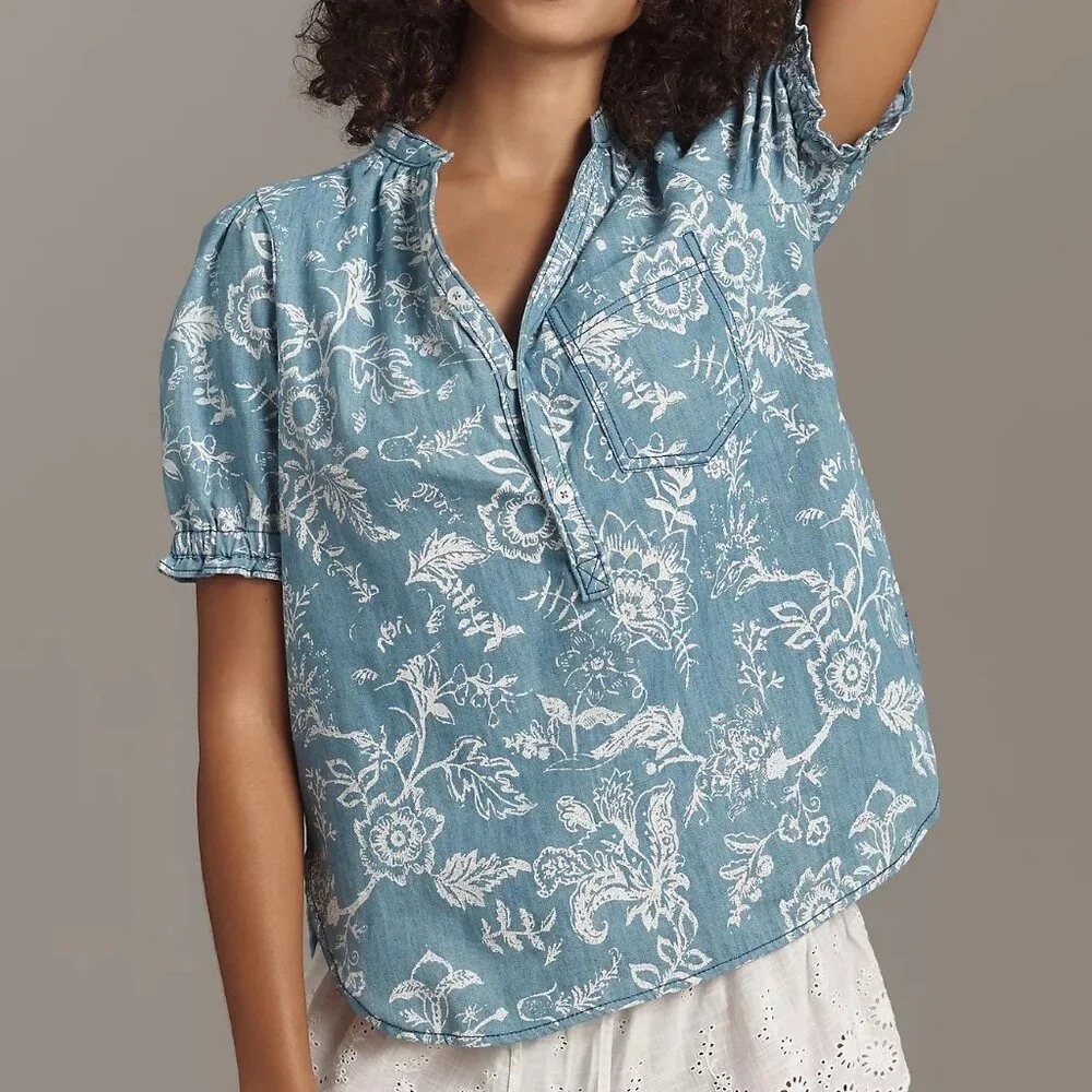 NWT Anthropologie Pilcro The Aly Puff-Sleeve Blouse in Light Denim, Size XS - Picture 3 of 7